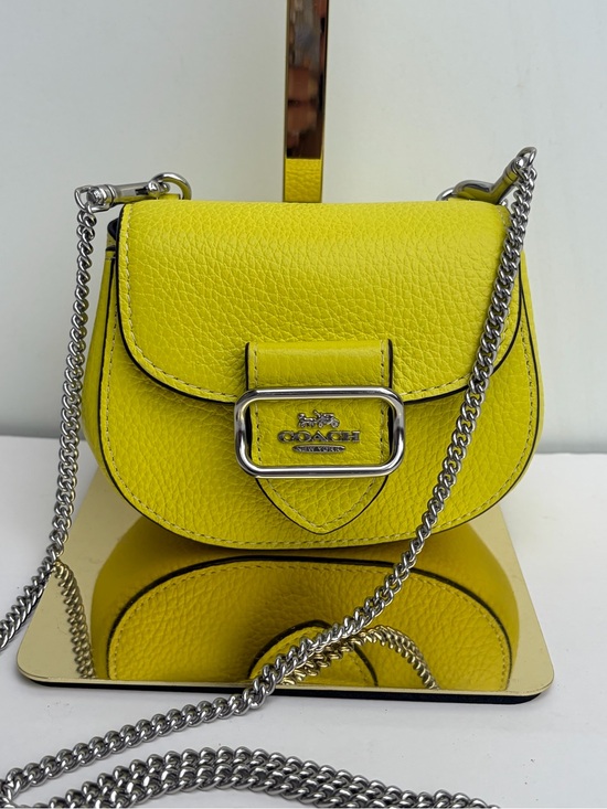 Coach Handbags - Coach Mini Morgan Saddle Crossbody Bag Neon Yellow Silver Chain Strap Purse